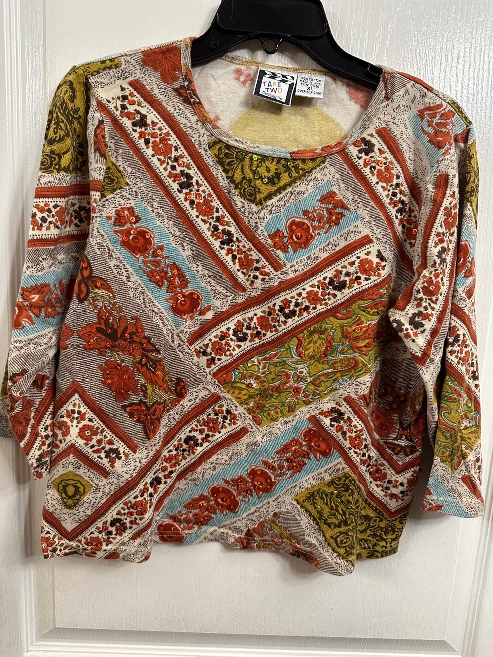 Take Two Women's Rust Multi Patchwork Long Sleeve Top